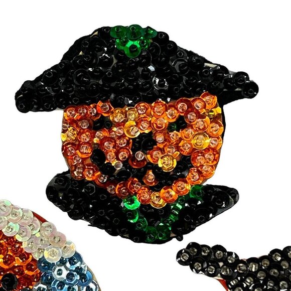 4 Vtg Homemade Halloween Frig Magnets Witches Pumpkins EUC Sequins Beads - Picture 5 of 14
